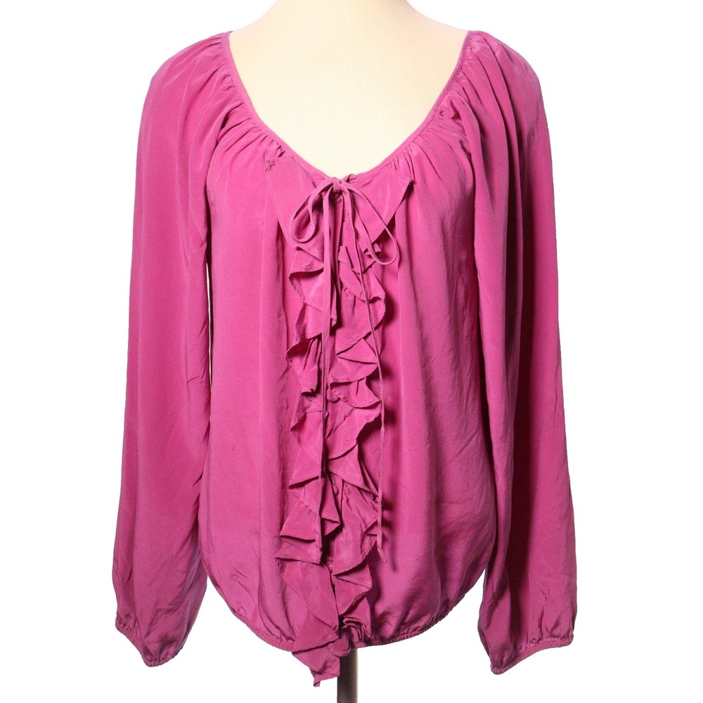 Vintage Y2K 100% Silk‎ Purple Top Ruffled Placket Blouse Long Sleeve Sz M USA